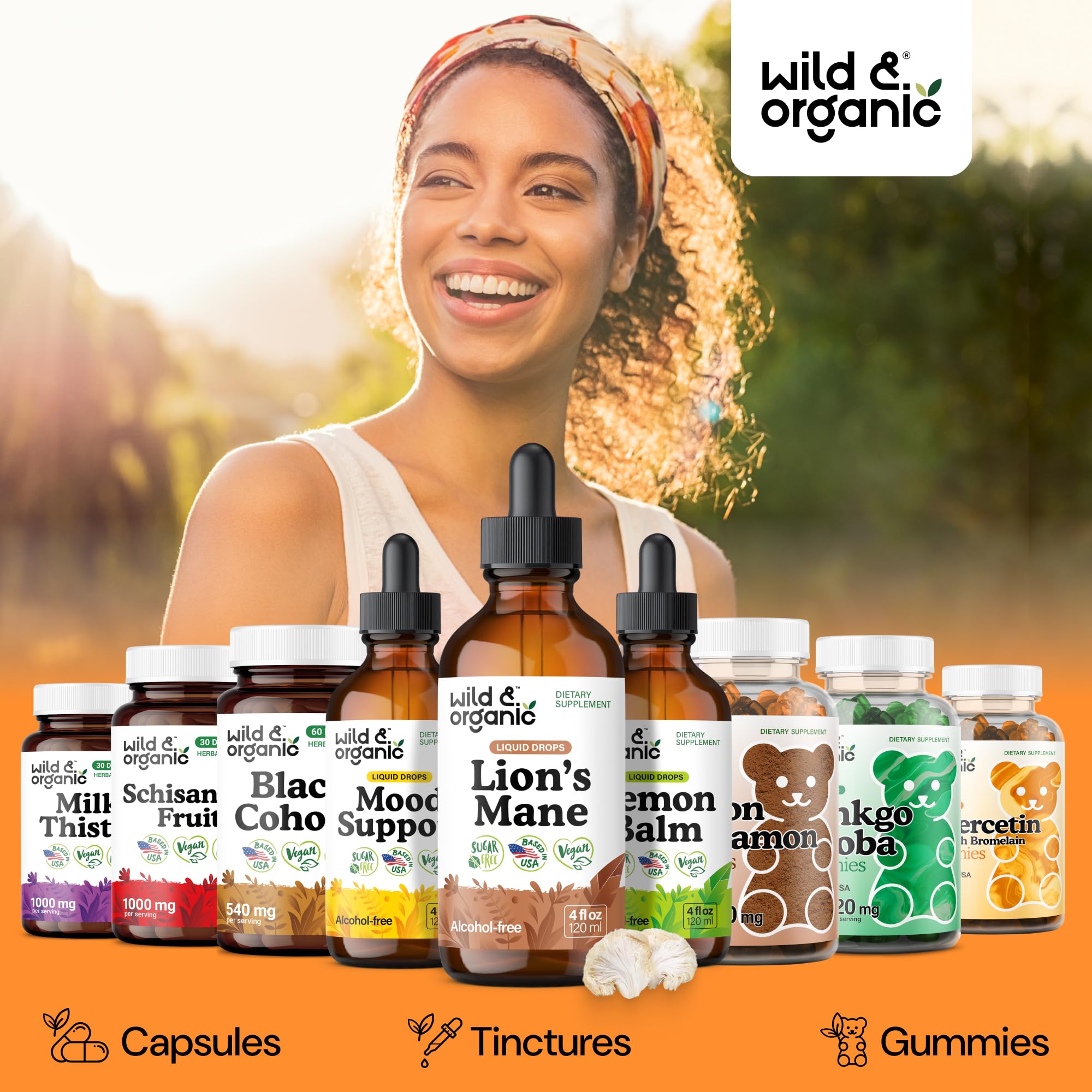 Wild & Organic Lions Mane liquid drops ingredients emphasize vegan, GMO-free formula.