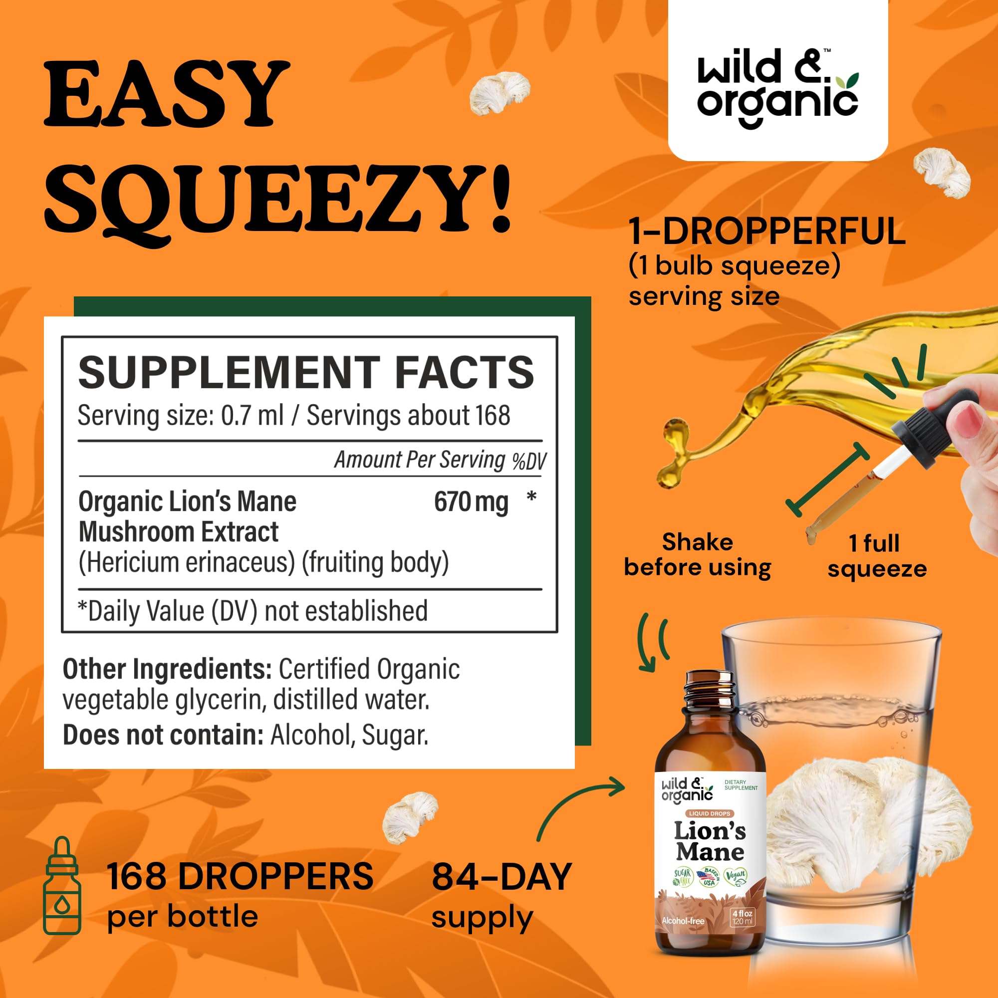Wild & Organic Lions Mane liquid drops label highlights vegan, alcohol-free tincture benefits.