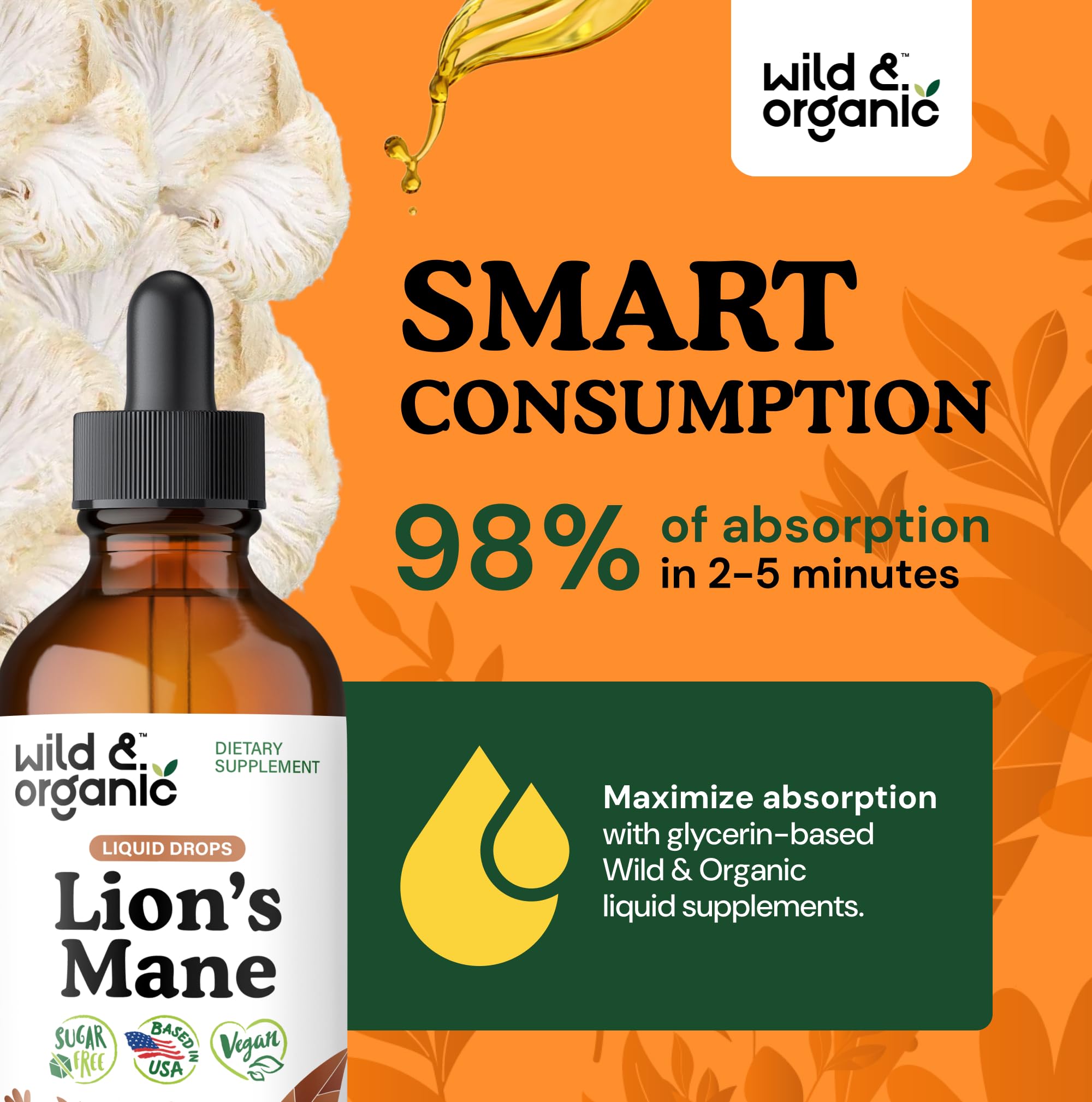 Wild & Organic Lions Mane liquid drops pour reveals smooth, sugar-free tincture taste.