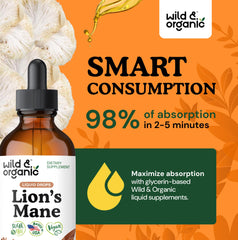 Wild & Organic Lions Mane liquid drops pour reveals smooth, sugar-free tincture taste.