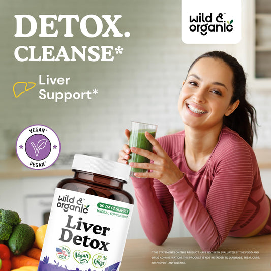Wild & Organic liver detox capsules bottle with label highlighting silymarin and turmeric