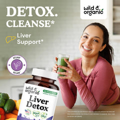 Wild & Organic liver detox capsules bottle with label highlighting silymarin and turmeric