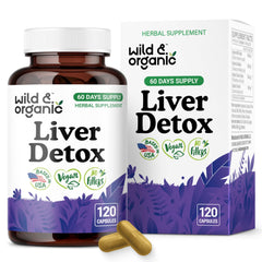 Wild & Organic liver detox capsules packaging showing milk thistle and dandelion for daily support