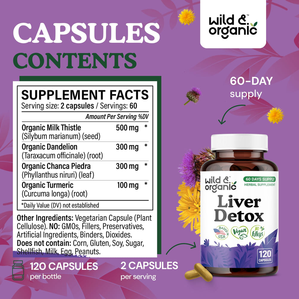 Wild & Organic milk thistle capsules close-up label emphasizing vegan, non-GMO formula