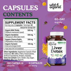Wild & Organic milk thistle capsules close-up label emphasizing vegan, non-GMO formula