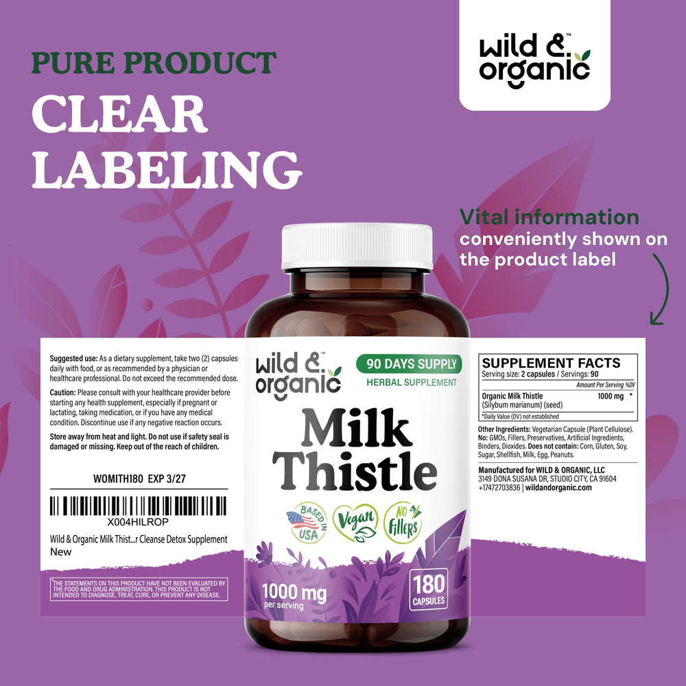 Wild & Organic milk thistle ingredients label emphasizes vegan and non-GMO.