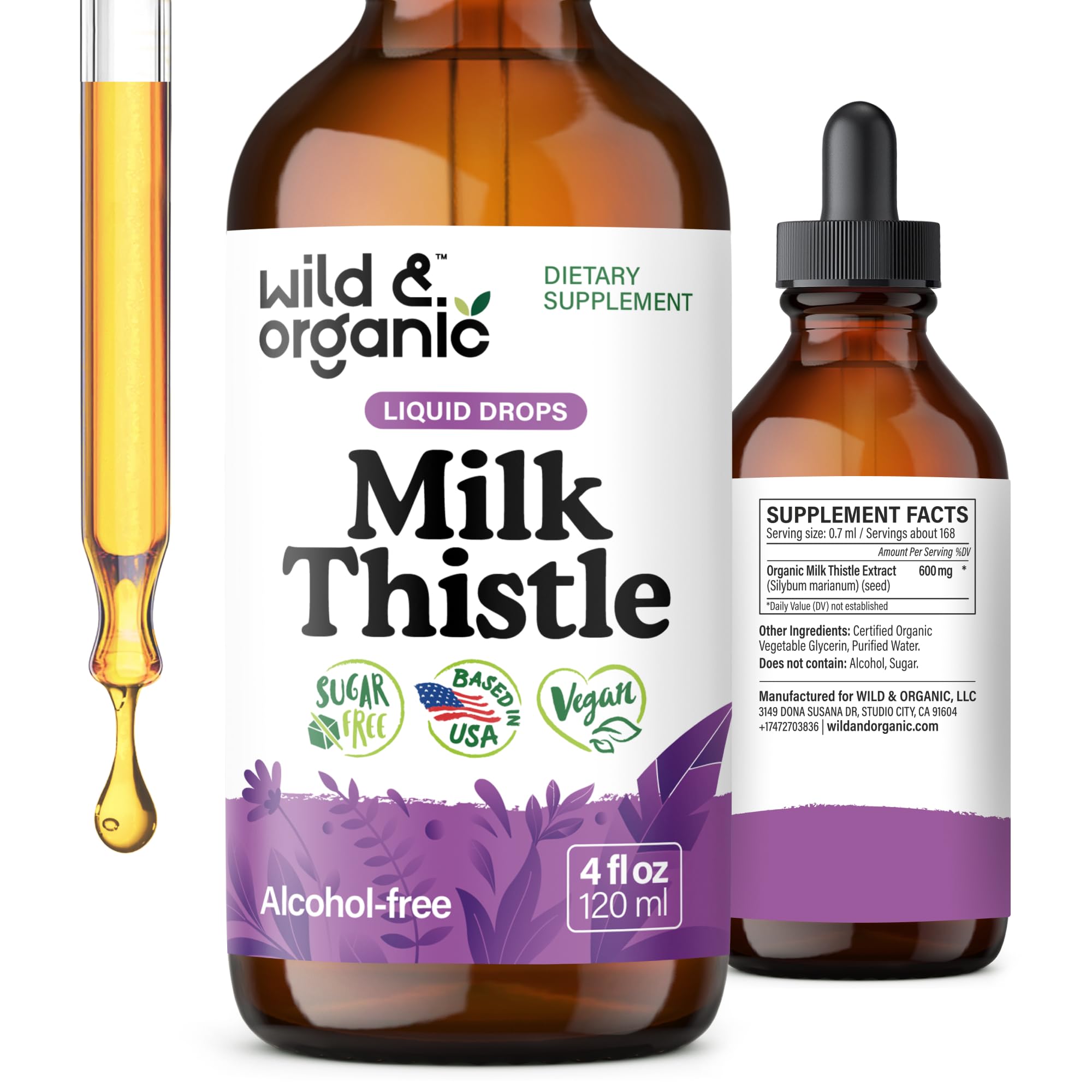 Wild & Organic Milk Thistle Liquid Drops bottle front view for liver support