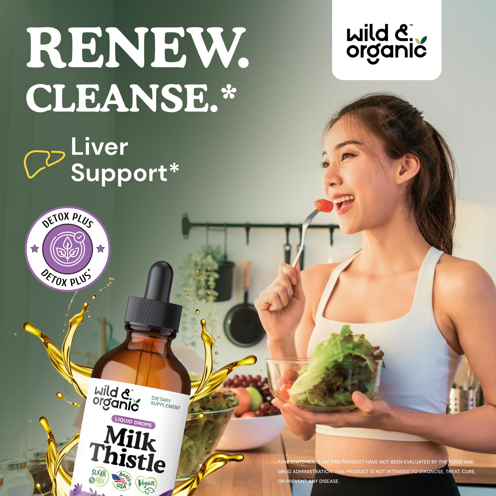 Wild & Organic Milk Thistle Liquid Drops bottle side view vegan and alcohol-free