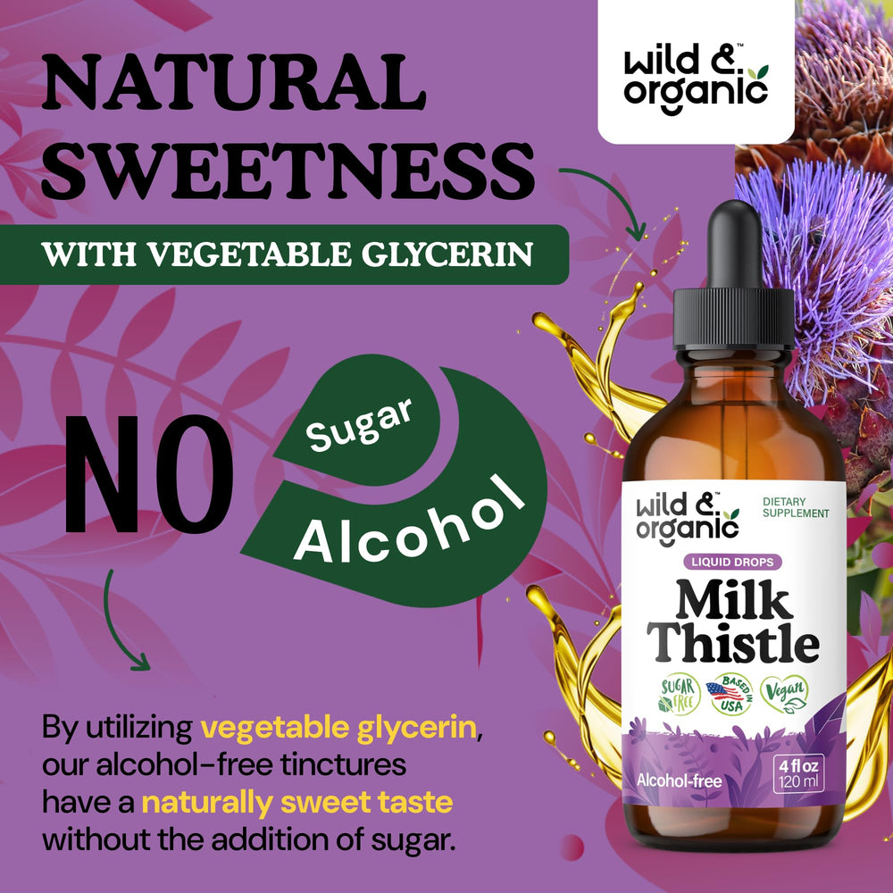 Wild & Organic Milk Thistle Liquid Drops packaging highlights vegan GMO-free formula
