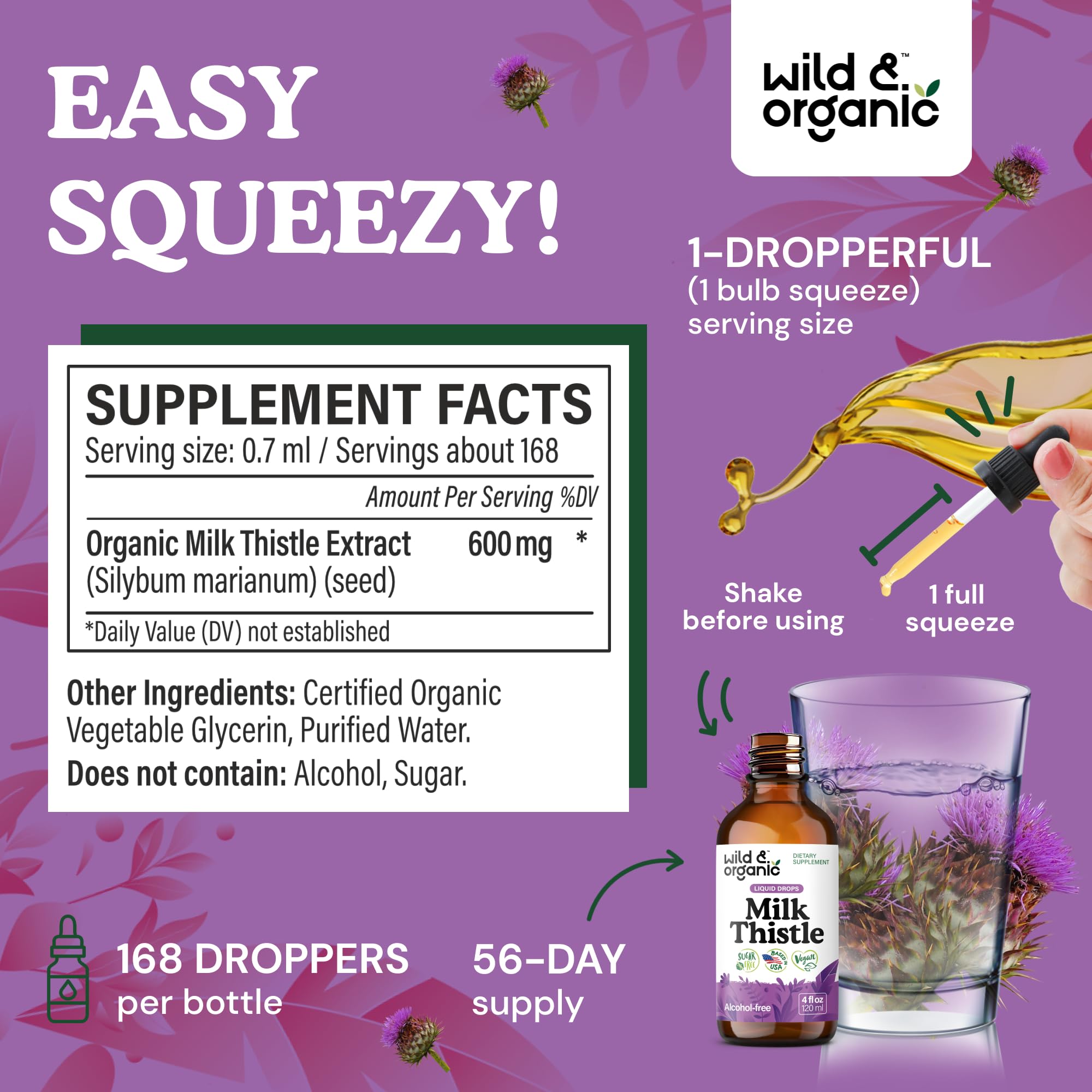 Wild & Organic Milk Thistle Liquid Drops pour shot with easy dosing