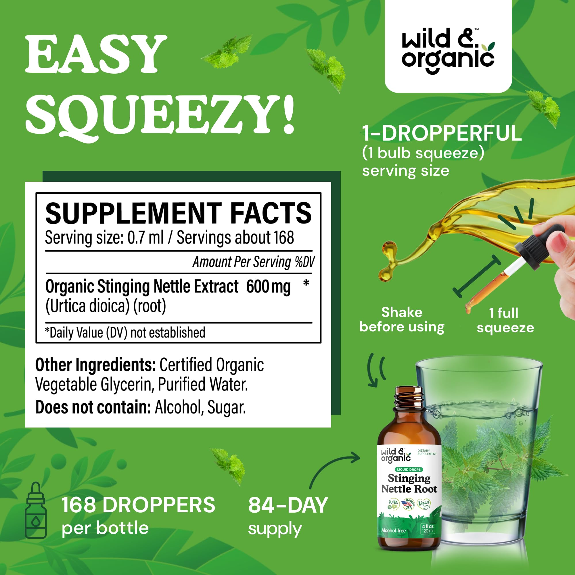 Wild & Organic label close-up highlighting alcohol-free glycerin base for easy digestion.