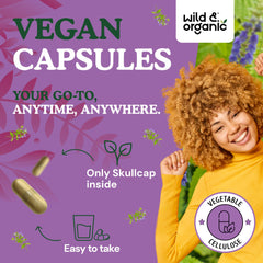 Wild & Organic plant-based coating on vegan skullcap capsules for easy swallow