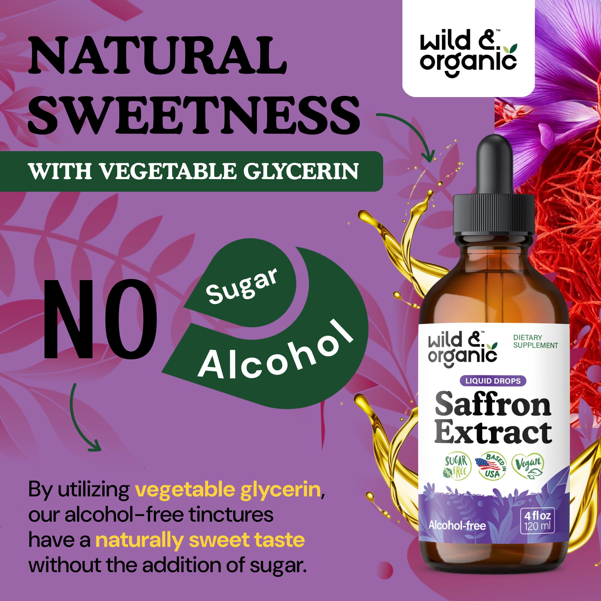 Wild Organic saffron drops in glycerin base show natural sweetness