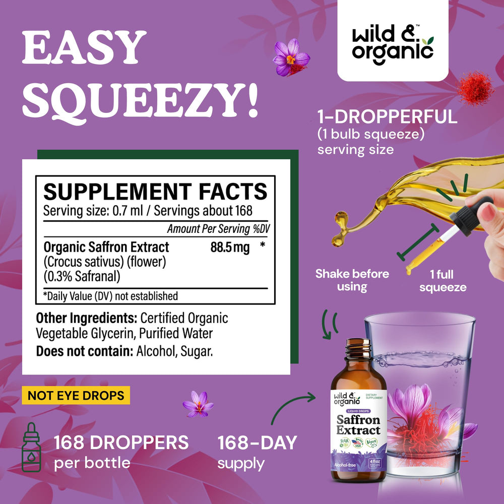 Wild Organic saffron extract drops pour top emphasizes easy dispensing