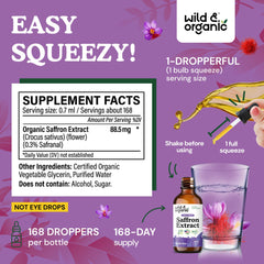 Wild Organic saffron extract drops pour top emphasizes easy dispensing