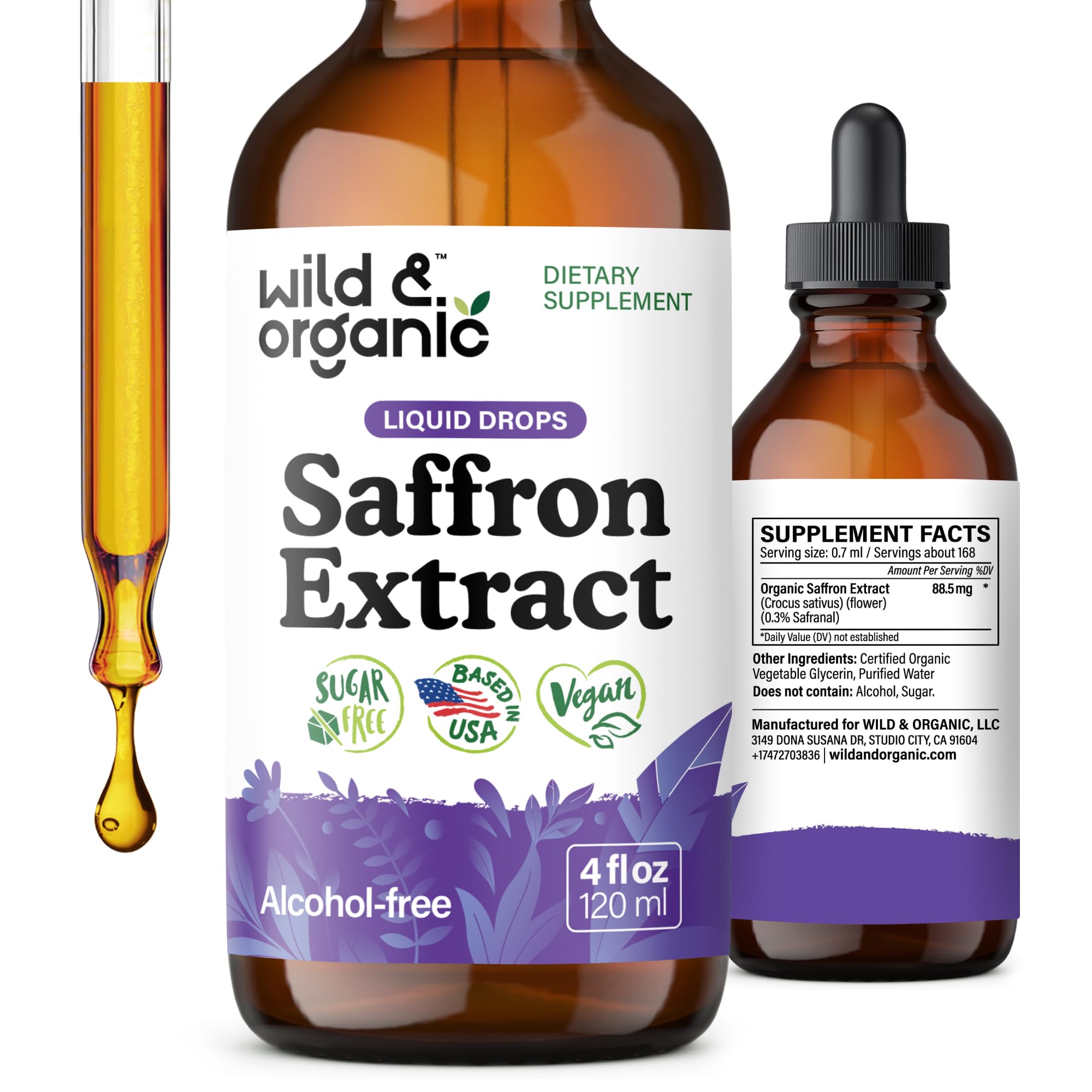 Wild Organic saffron supplement bottle labeled 88.5 mg extract for mood support