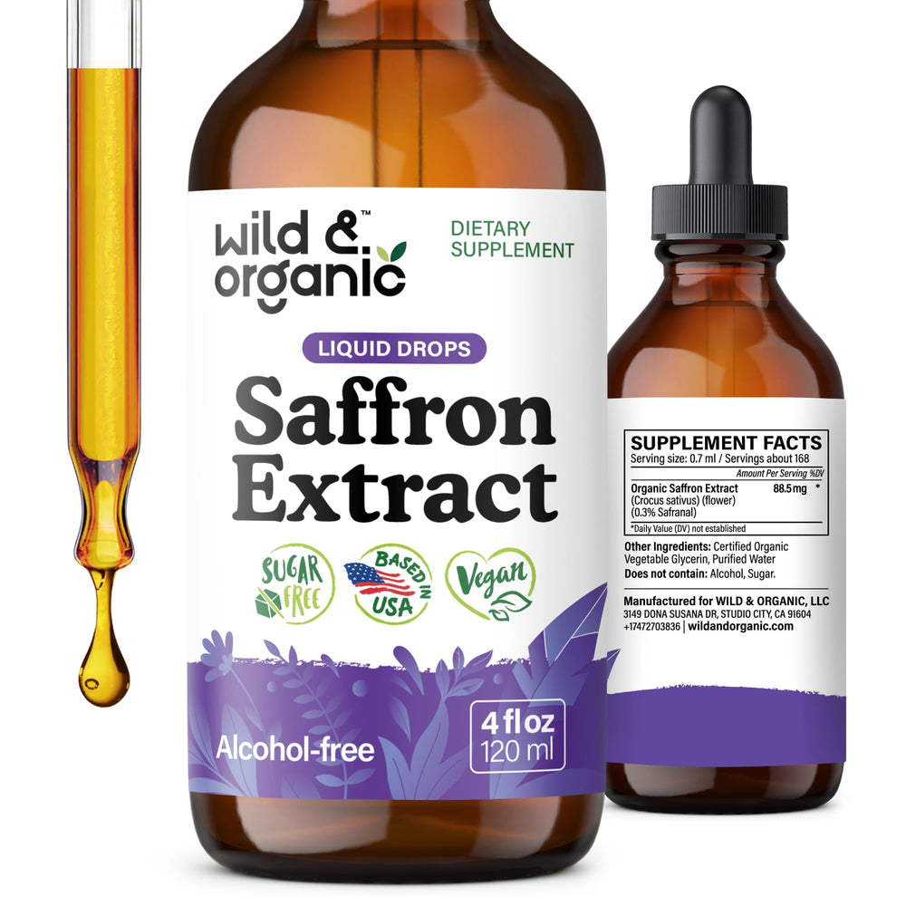 Wild Organic saffron supplement bottle labeled 88.5 mg extract for mood support