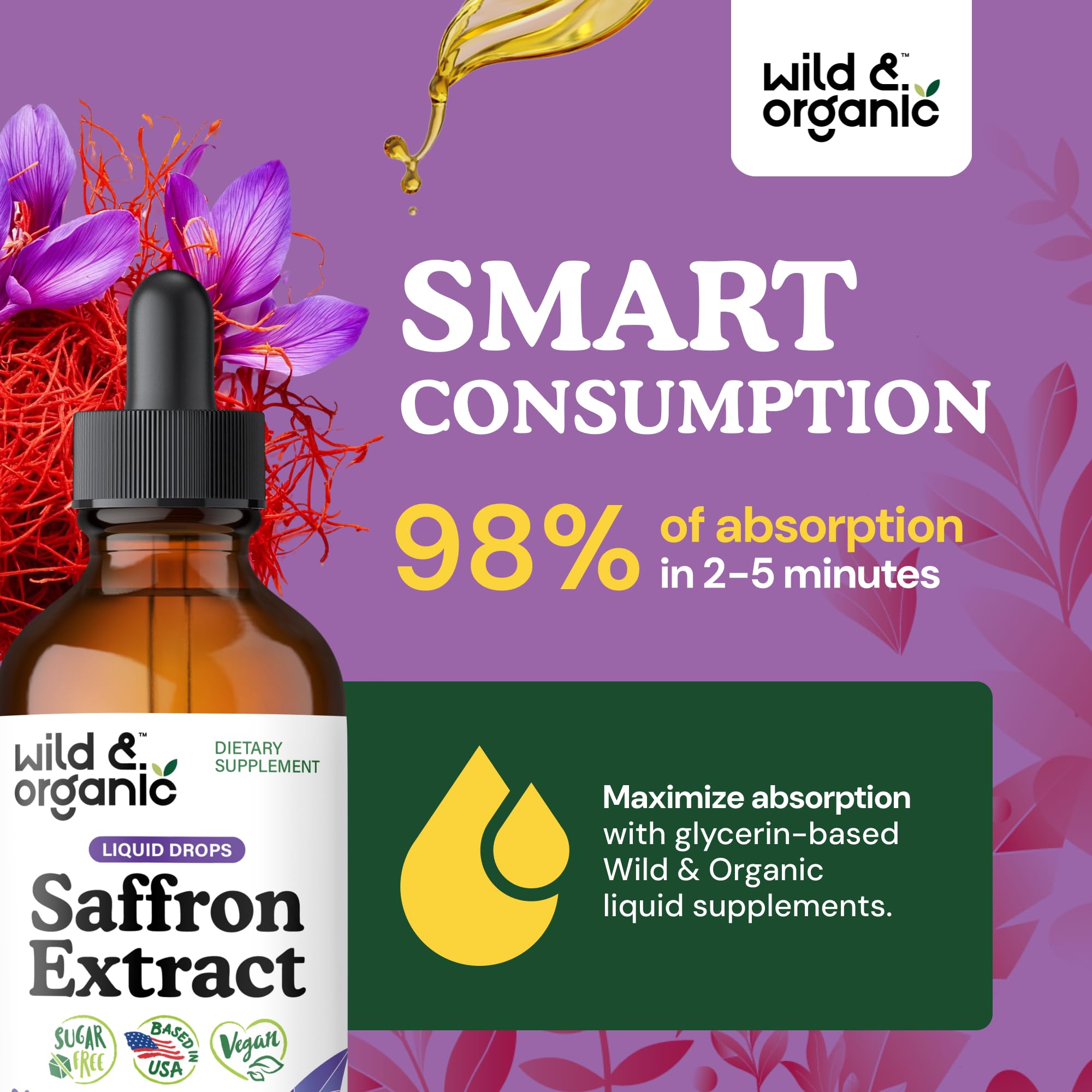 Wild Organic saffron tincture bottle closeup showcases glycerin-based base