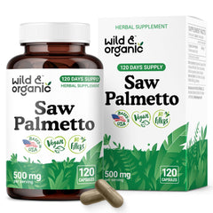 Wild & Organic saw palmetto capsules bottle for daily urinary support.
