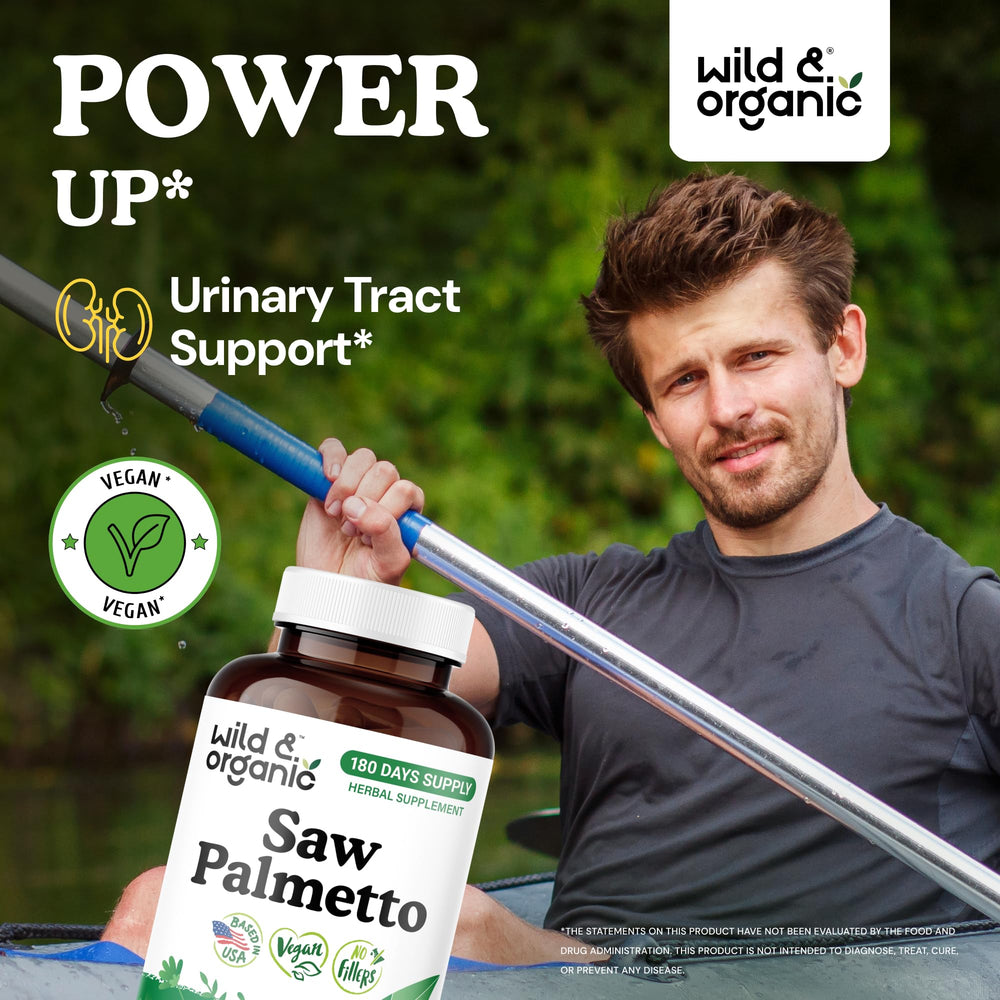 Wild & Organic saw palmetto label closeup: vegan, non-GMO formula.