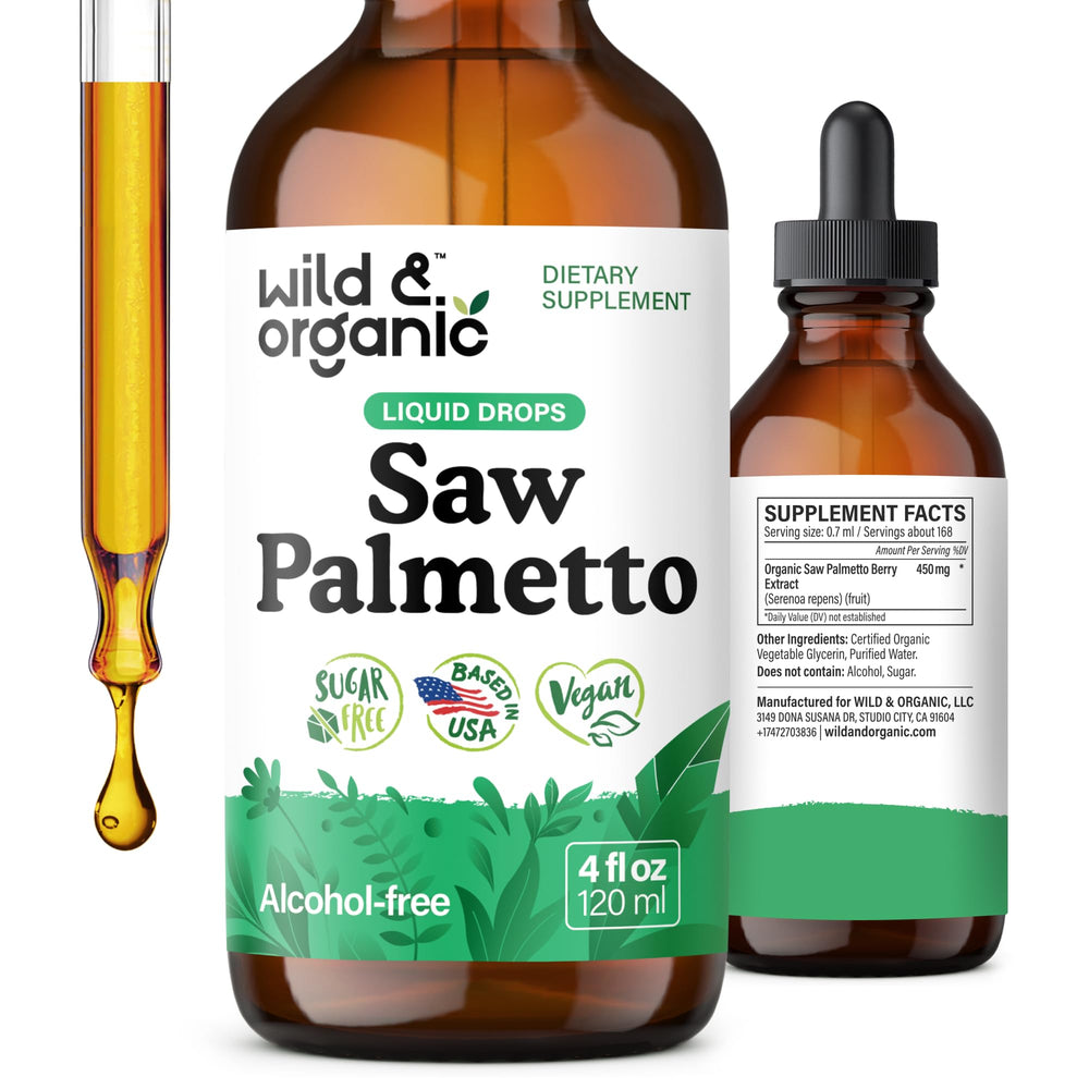 Wild & Organic Saw Palmetto tincture bottle on wood surface for easy daily use.