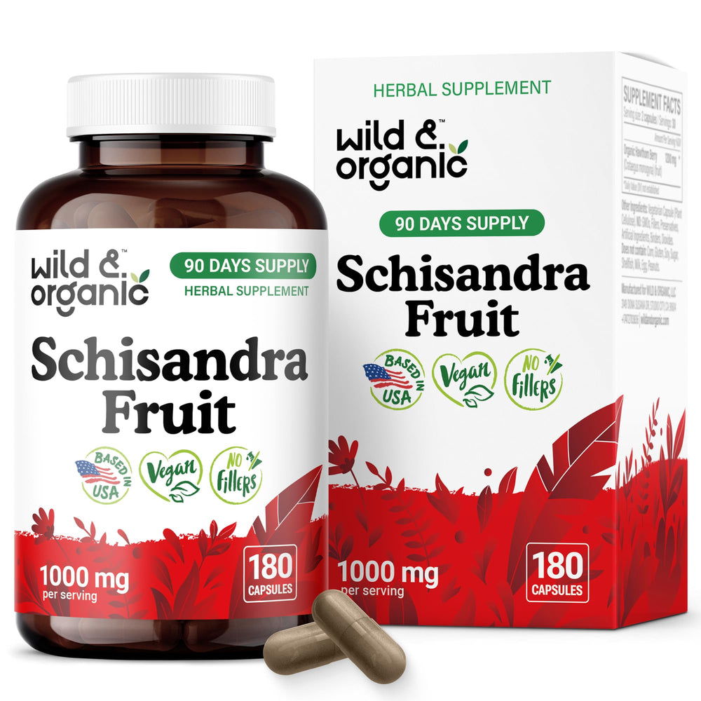 Wild & Organic Schisandra bottle front shows the 1000 mg daily balance formula