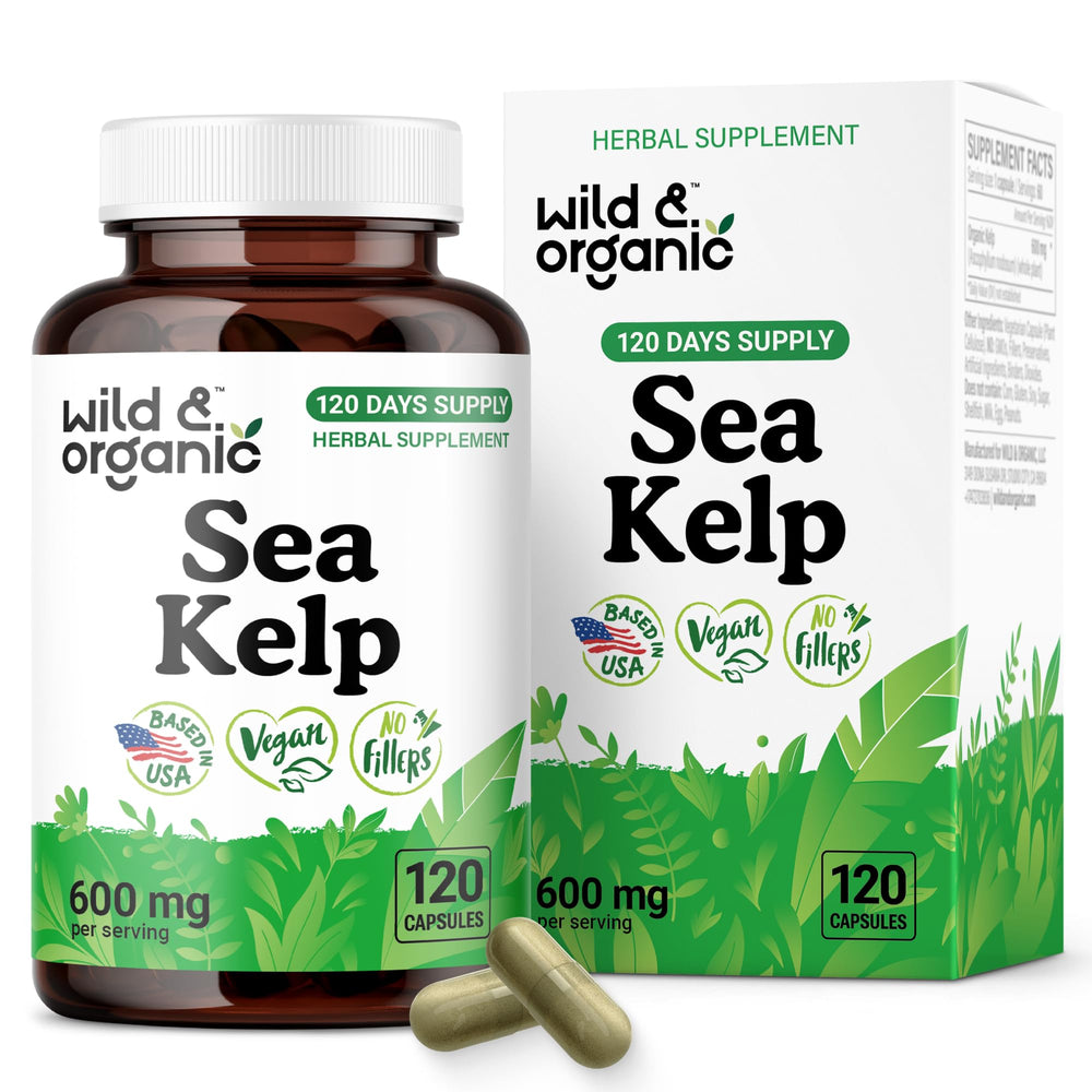 Wild & Organic Sea Kelp capsules bottle label, showcasing 600 mg serving for daily immune support