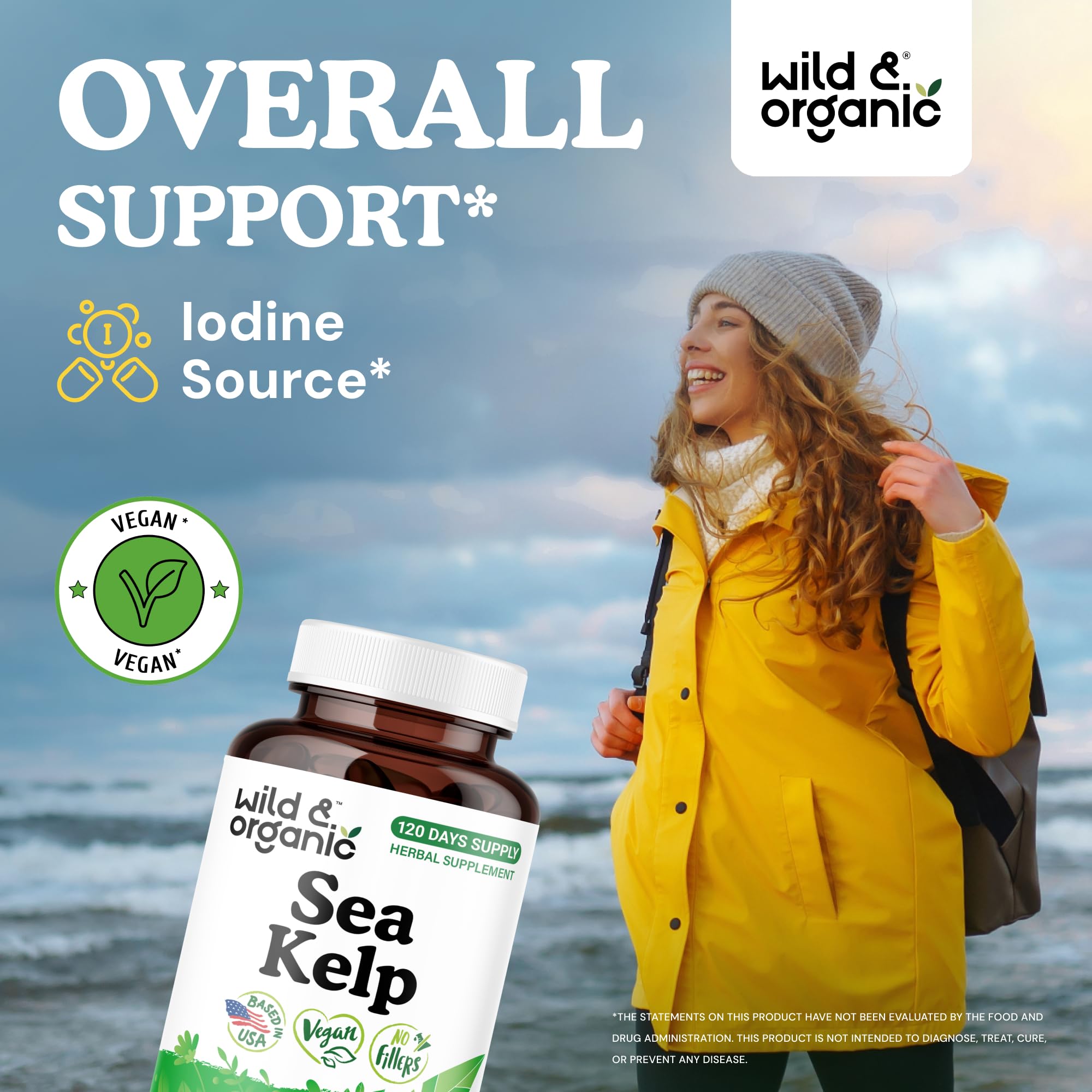Wild & Organic Sea Kelp capsules inside bottle reveal plant-based vegan formula