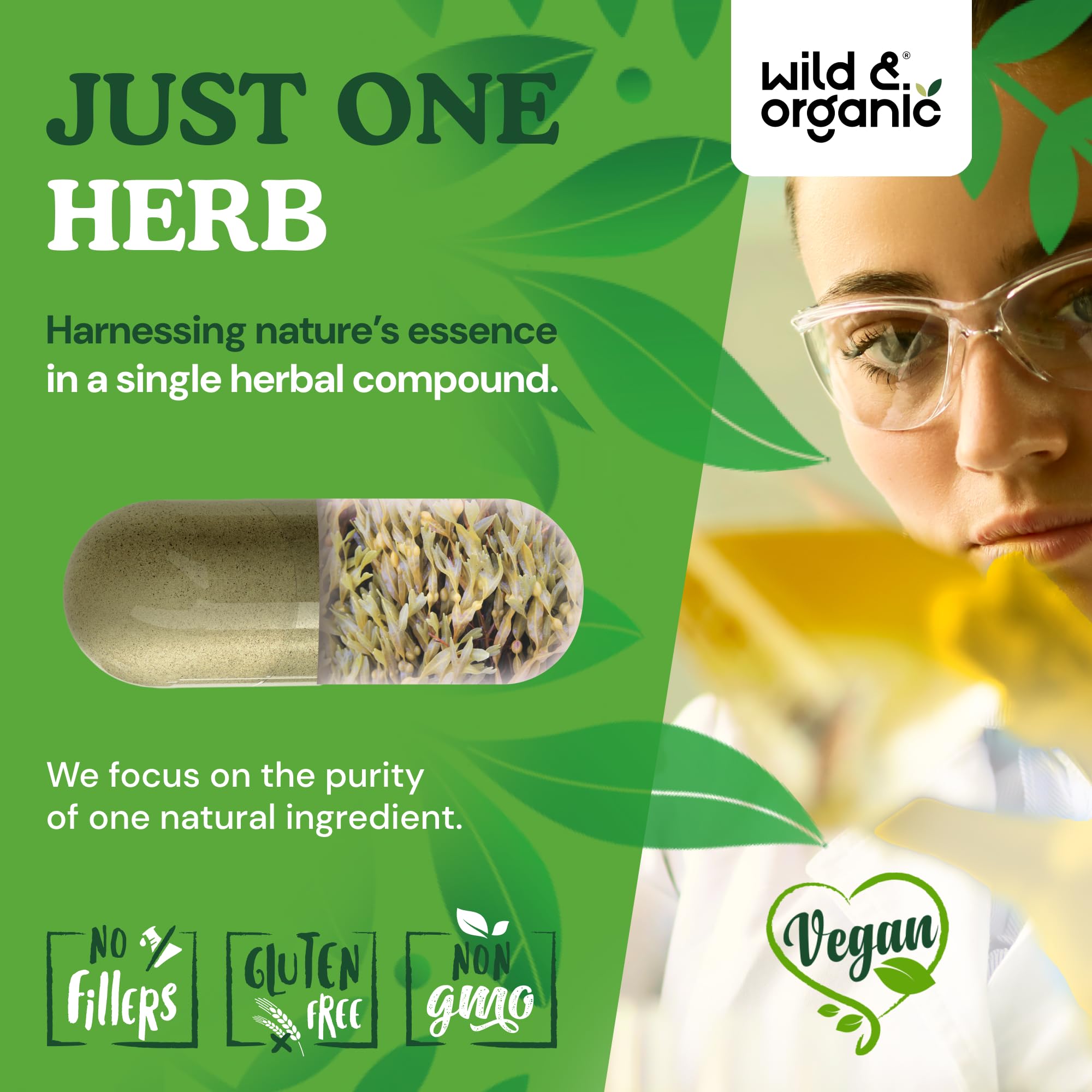 Closeup of label detailing vegan, non-GMO, no fillers