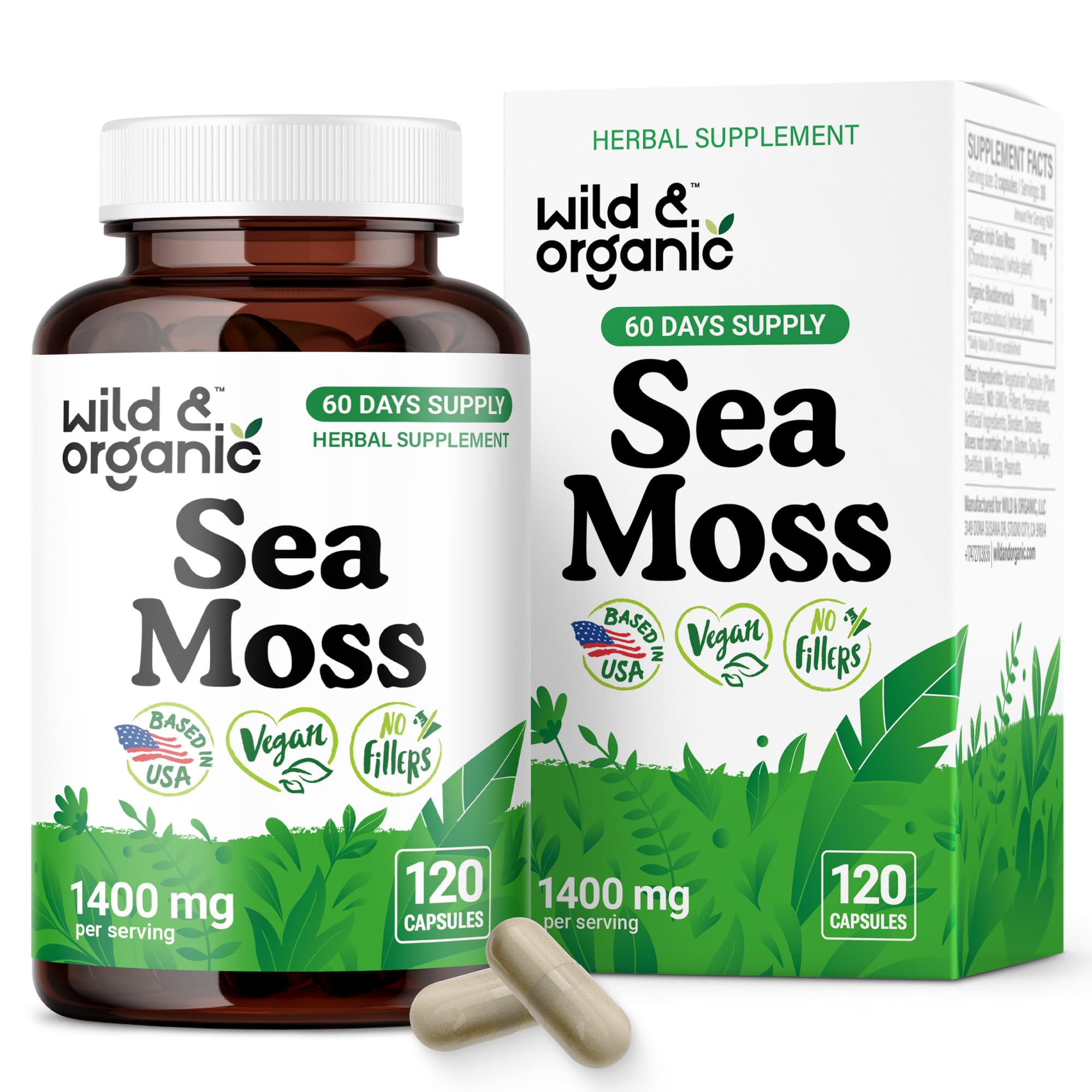 Wild & Organic Sea Moss Capsules bottle front for daily wellness support