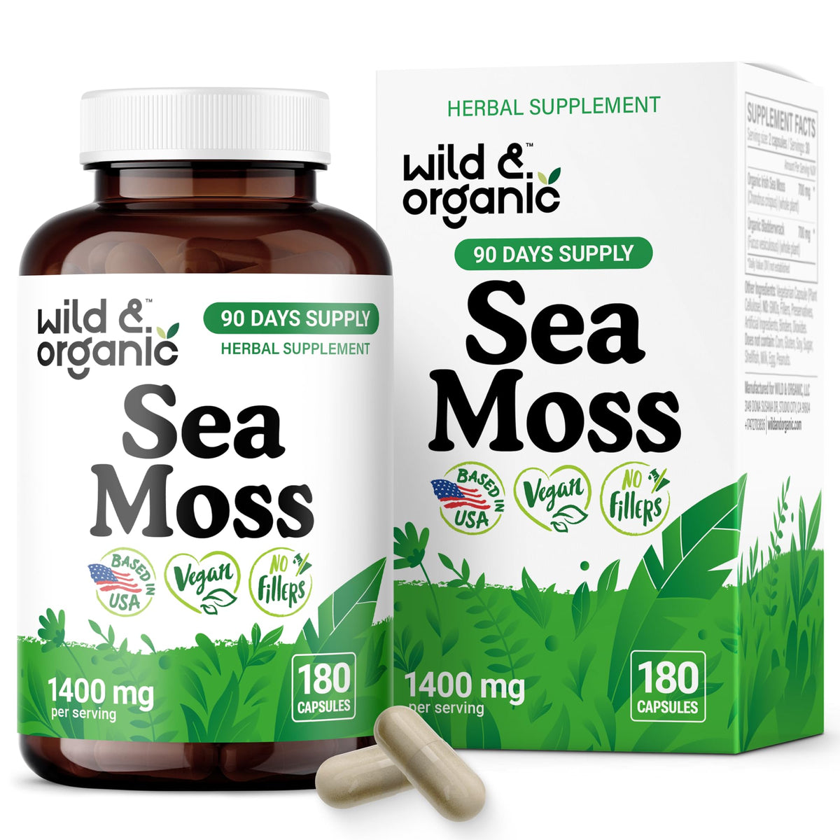 Wild & Organic Sea Moss capsules bottle for easy daily use