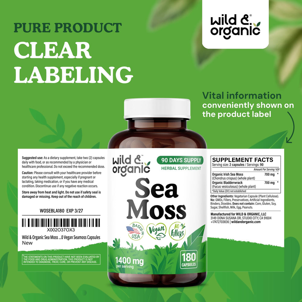 Wild & Organic Sea Moss capsules daily use concept supports routine wellness
