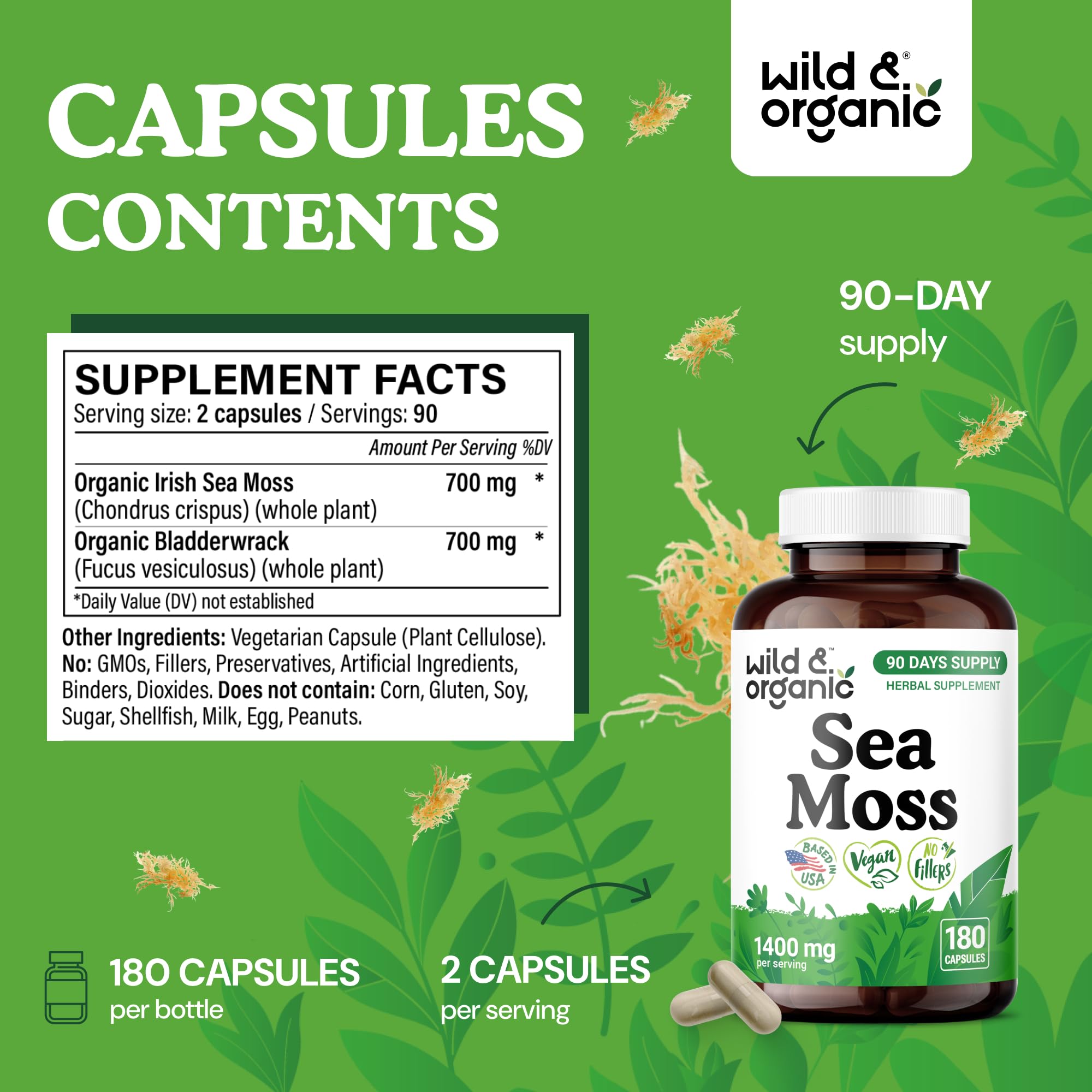 Wild & Organic Sea Moss capsules ingredients list shows 700 mg per serving
