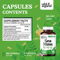 Wild & Organic Sea Moss capsules ingredients list shows 700 mg per serving