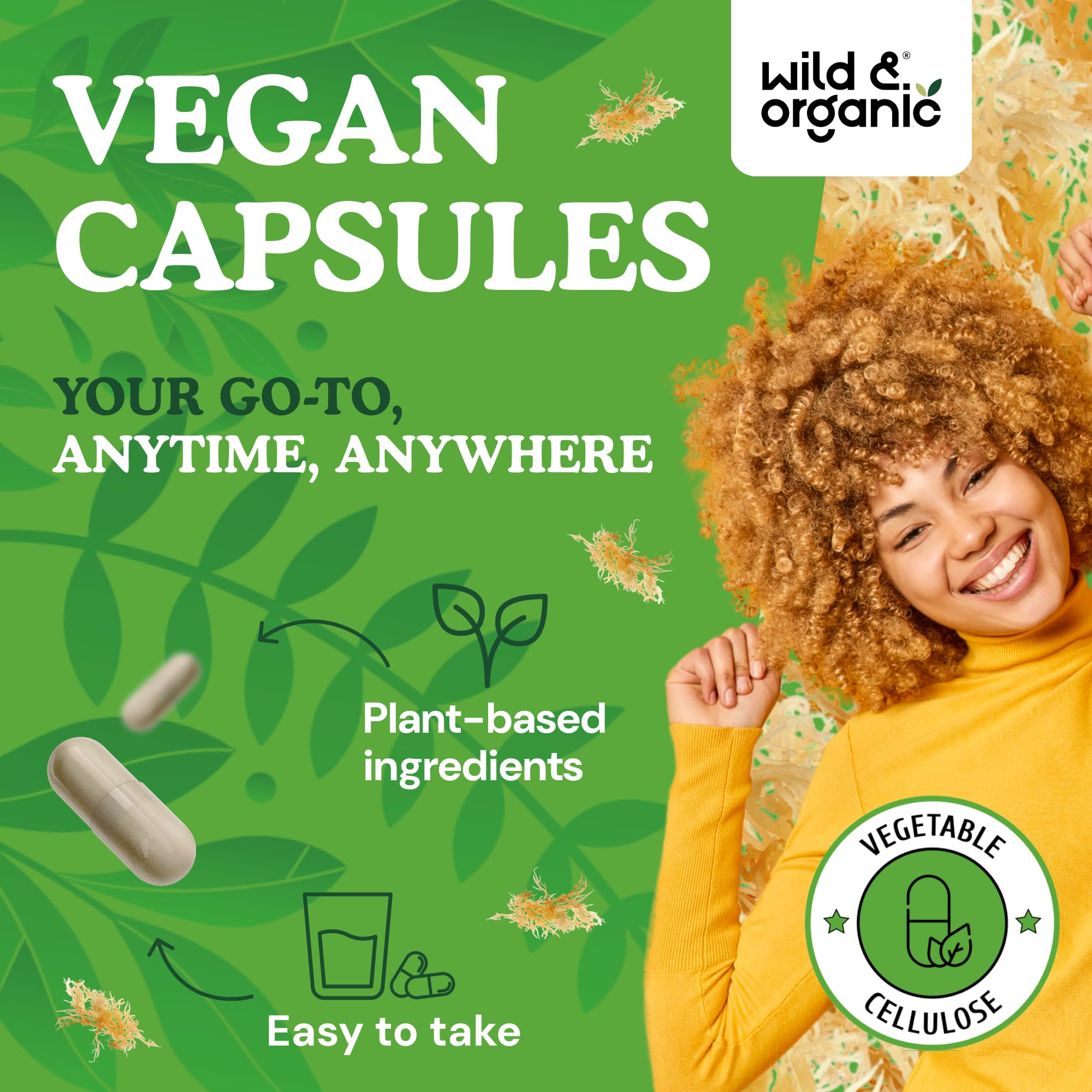 Wild & Organic Sea Moss capsules packaging displays vegan formulation