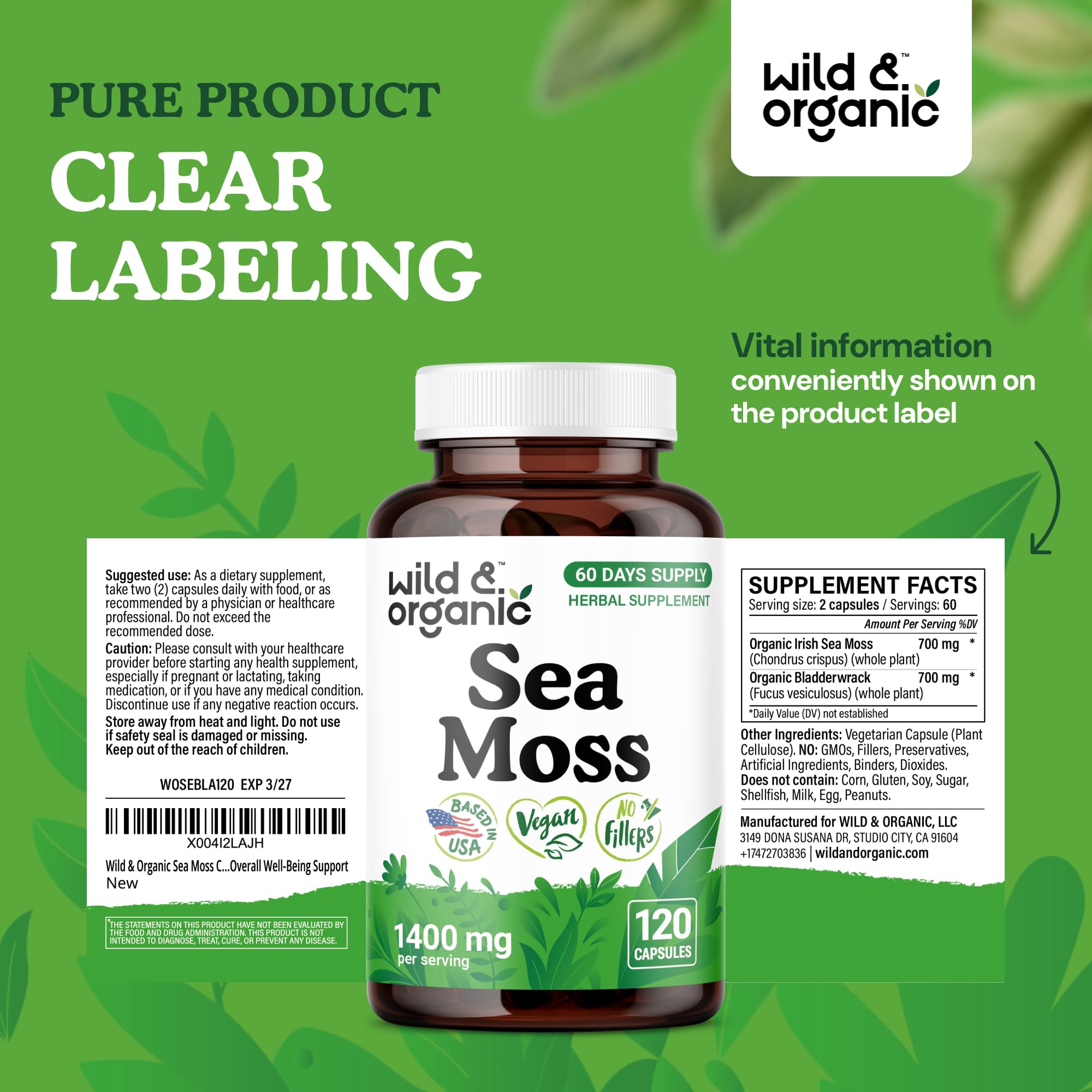Wild & Organic Sea Moss Capsules plant-based formula highlighted on packaging