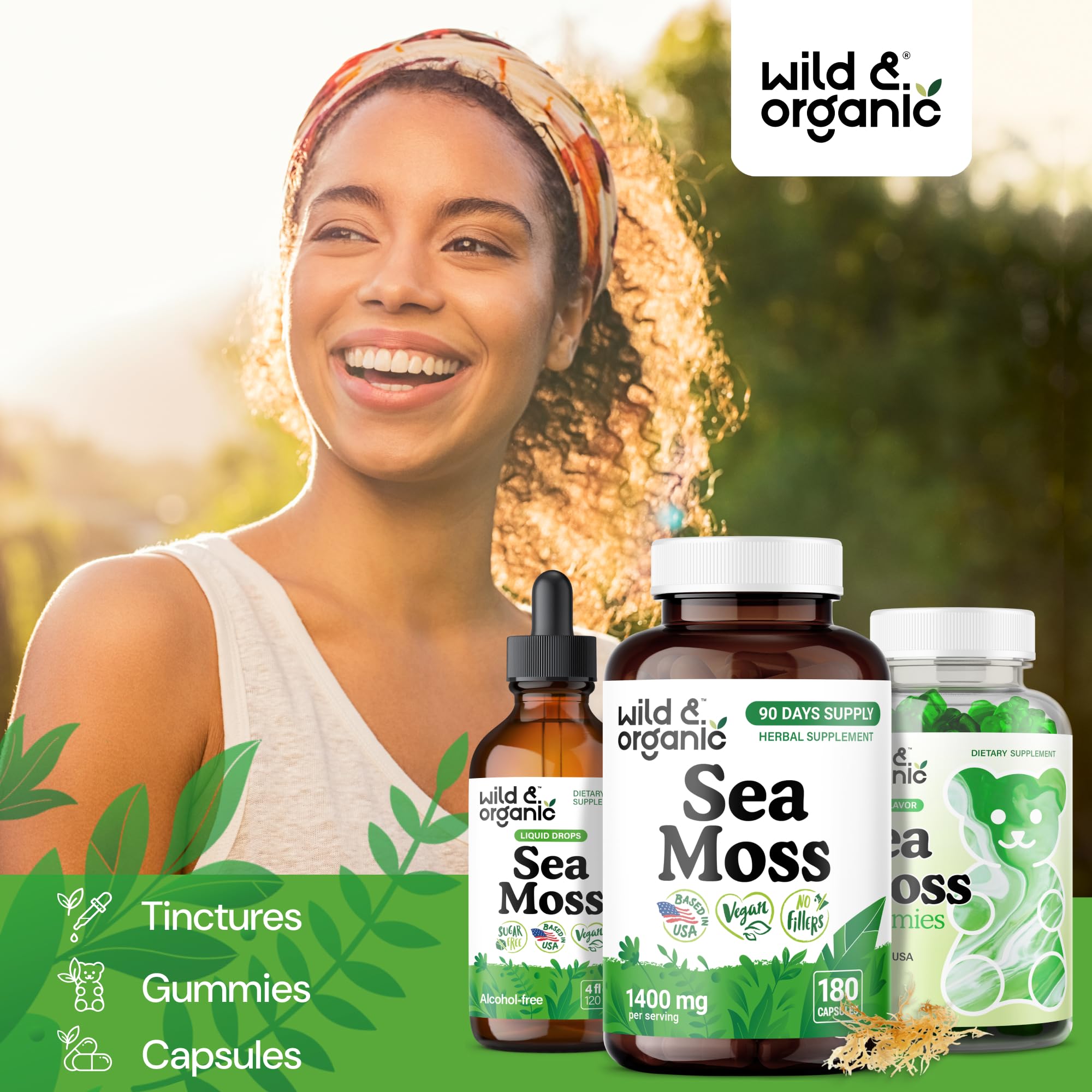 Wild & Organic Sea Moss capsules pour demonstrates easy to take design