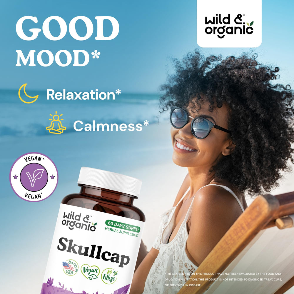 Wild & Organic Skullcap capsules label close-up highlighting vegan non-GMO formula