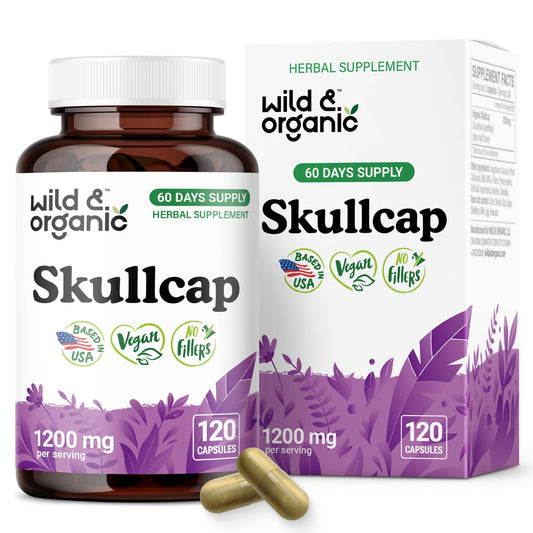 Wild & Organic Skullcap capsules bottle view showing 1200 mg per serving for calm support
