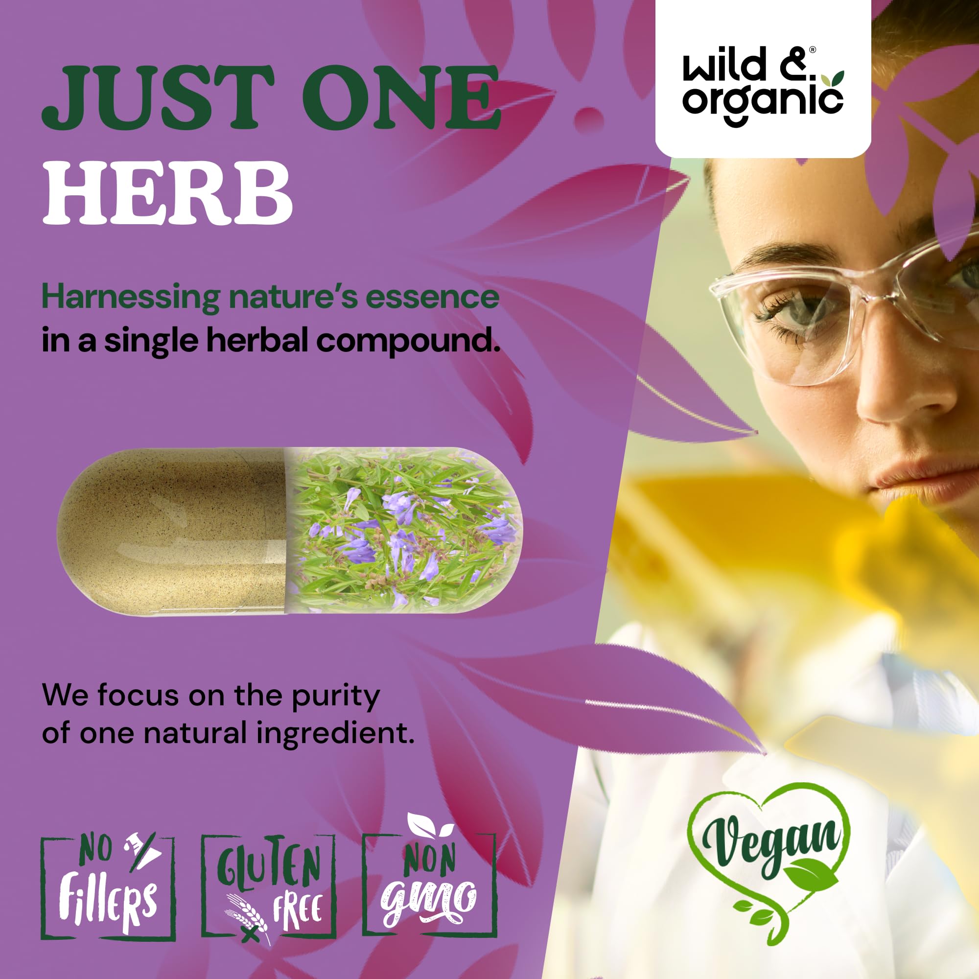 Wild & Organic Skullcap capsules demonstrating a smooth, easy-to-swallow design