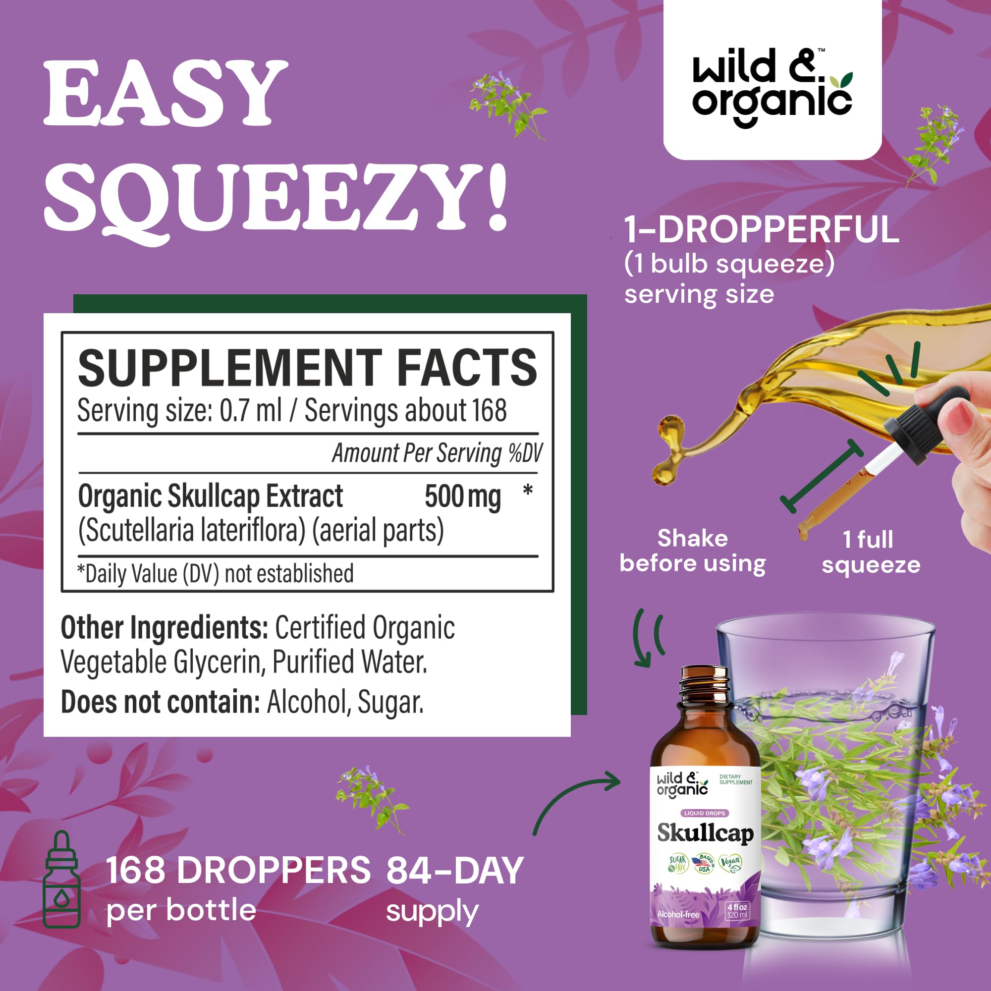 Close-up of Wild & Organic Skullcap tincture label highlighting vegan and GMO-free claims