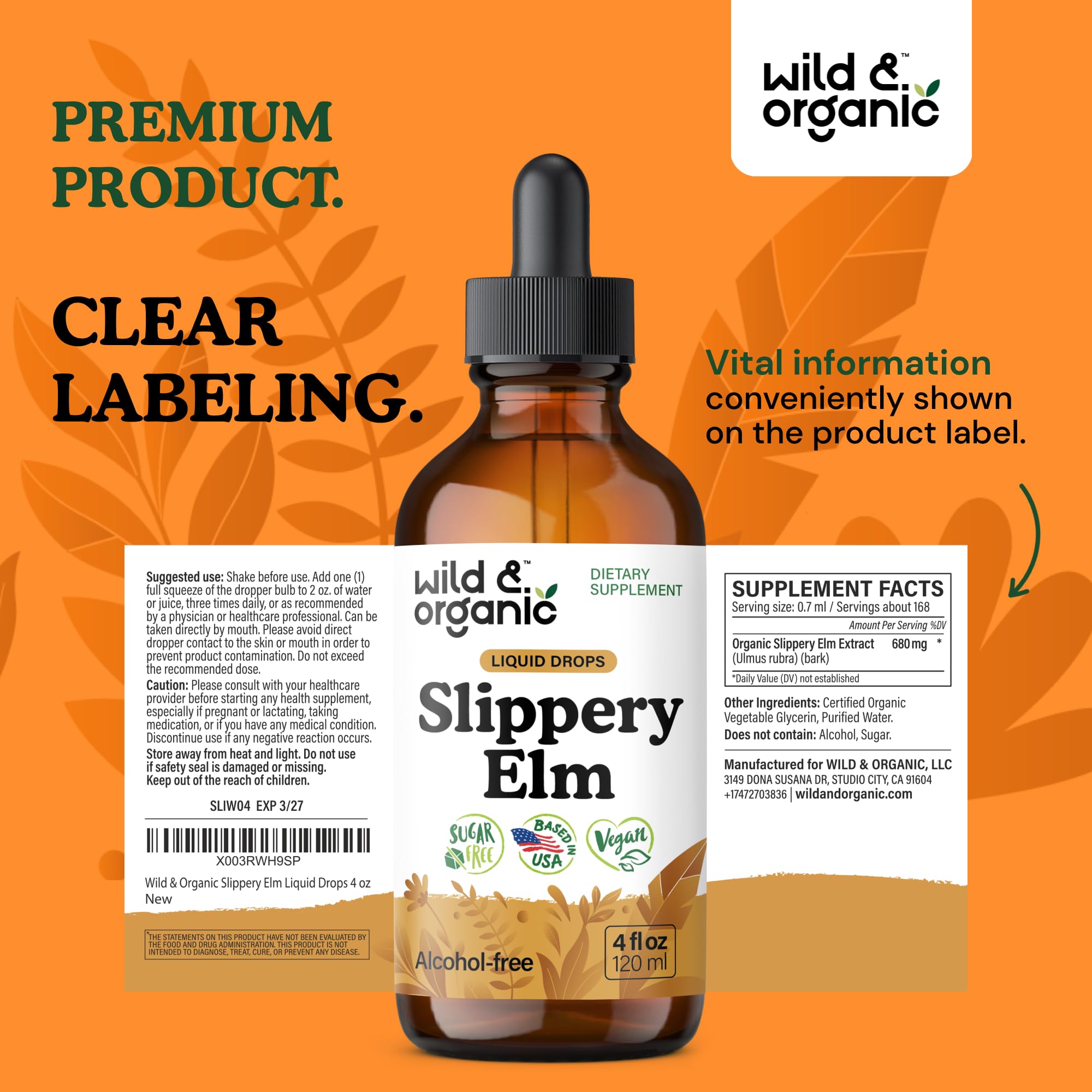 Wild & Organic slippery elm liquid drops 4 oz bottle on countertop