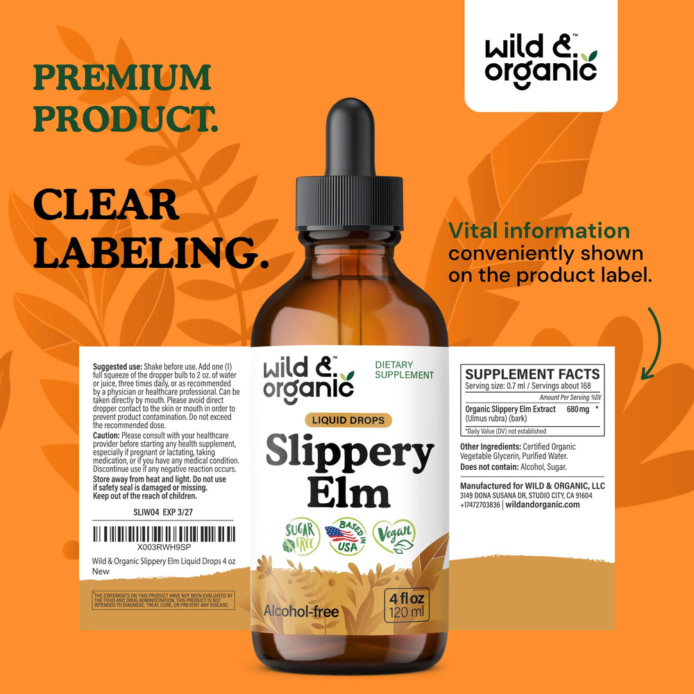 Wild & Organic slippery elm liquid drops 4 oz bottle on countertop