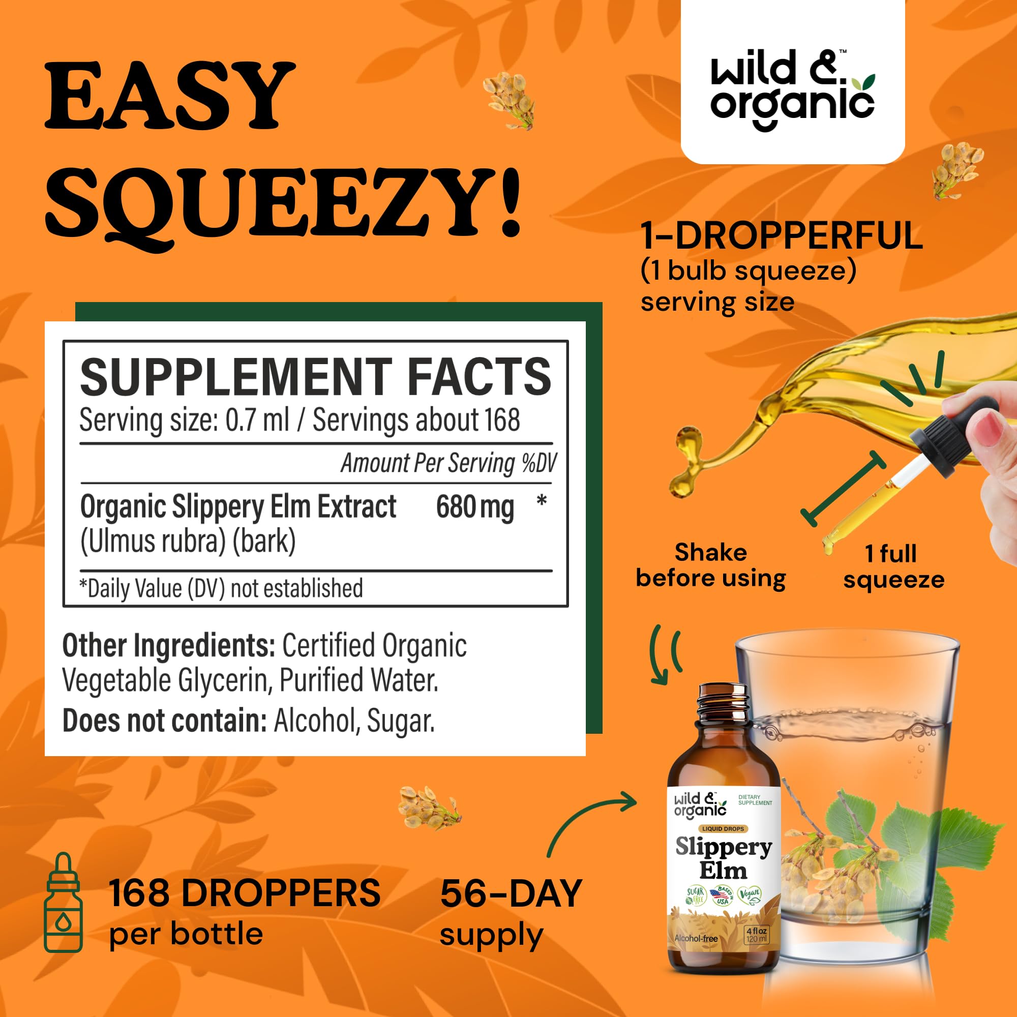 Wild & Organic slippery elm liquid drops label highlights vegan non GMO ingredients