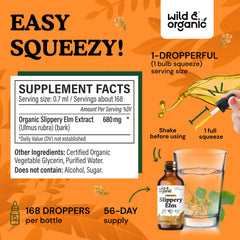 Wild & Organic slippery elm liquid drops label highlights vegan non GMO ingredients