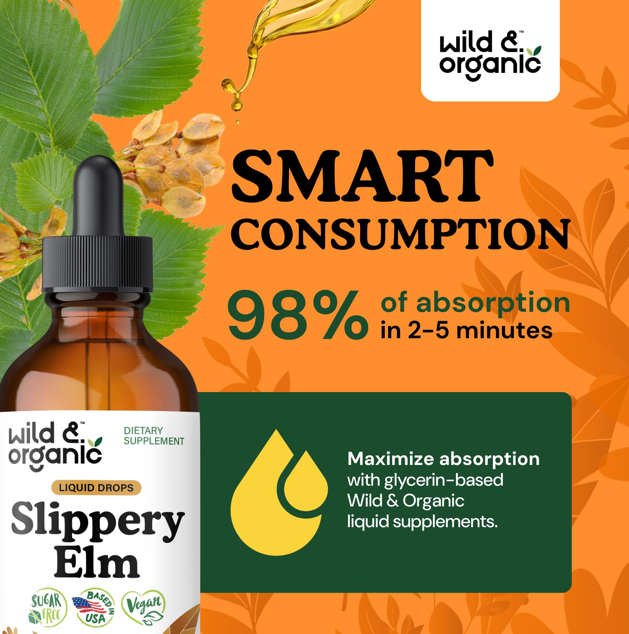 Wild & Organic slippery elm liquid drops amber liquid close up