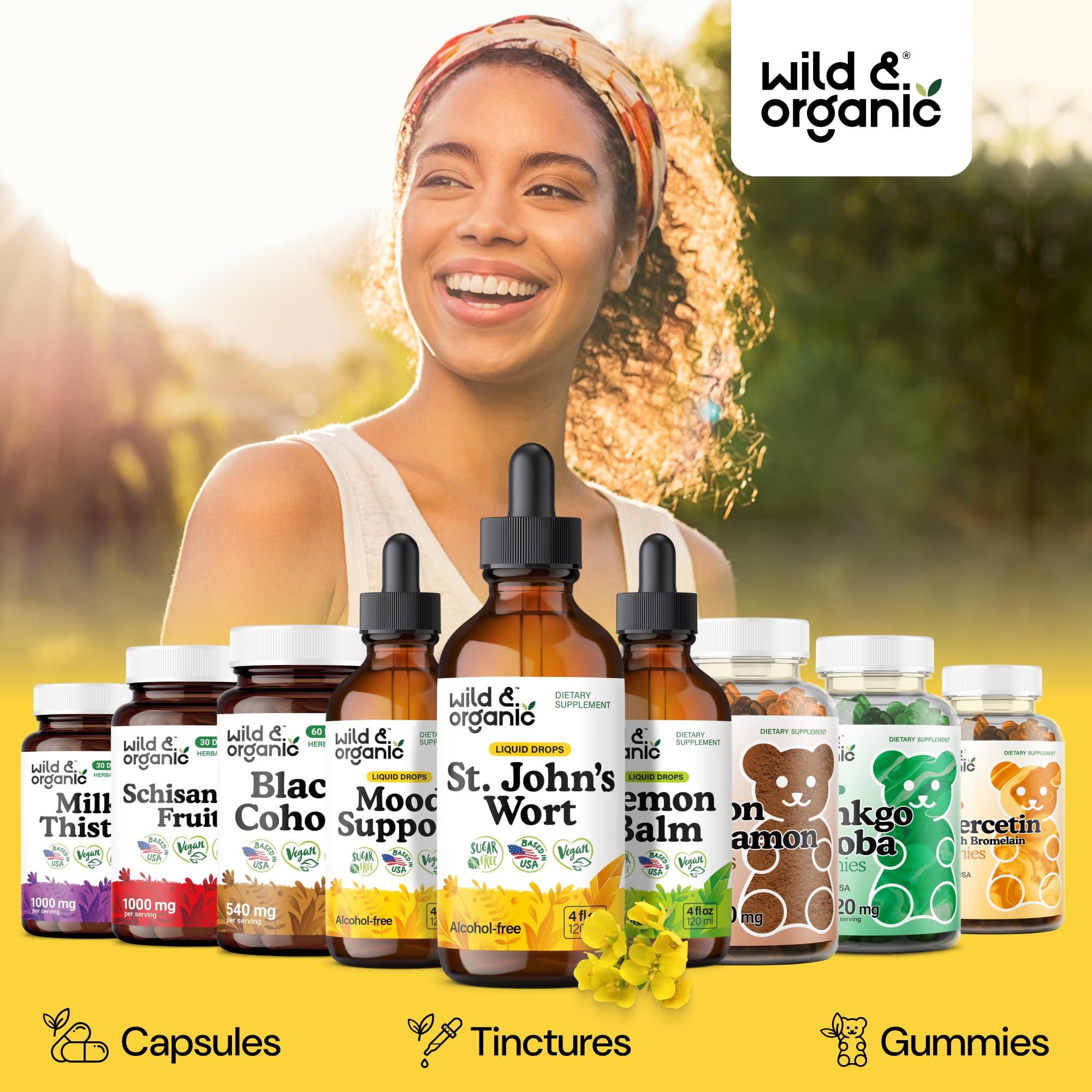 Amber liquid inside Wild & Organic tincture bottle with glycerin base