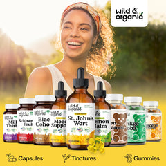 Amber liquid inside Wild & Organic tincture bottle with glycerin base