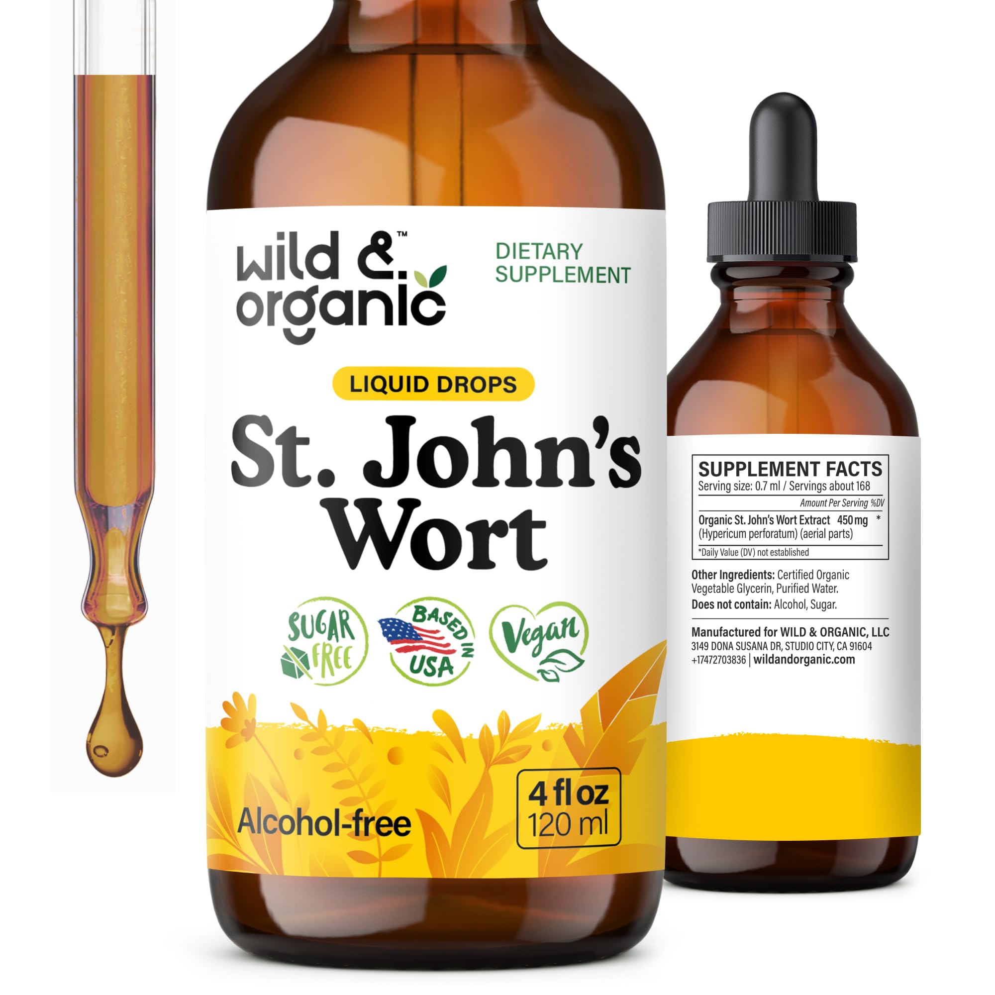 Wild & Organic St Johns Wort tincture bottle with dropper for mood support
