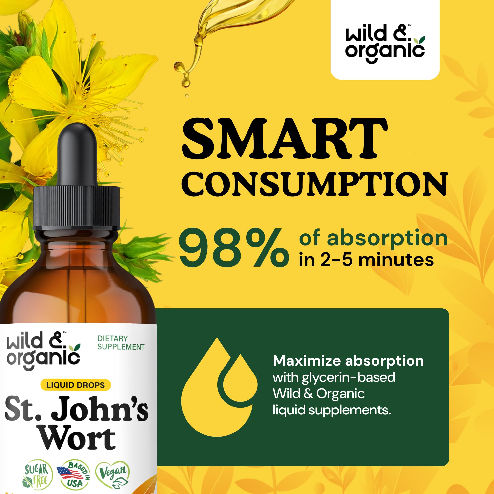 Wild & Organic St Johns Wort tincture drops in glass for daily use